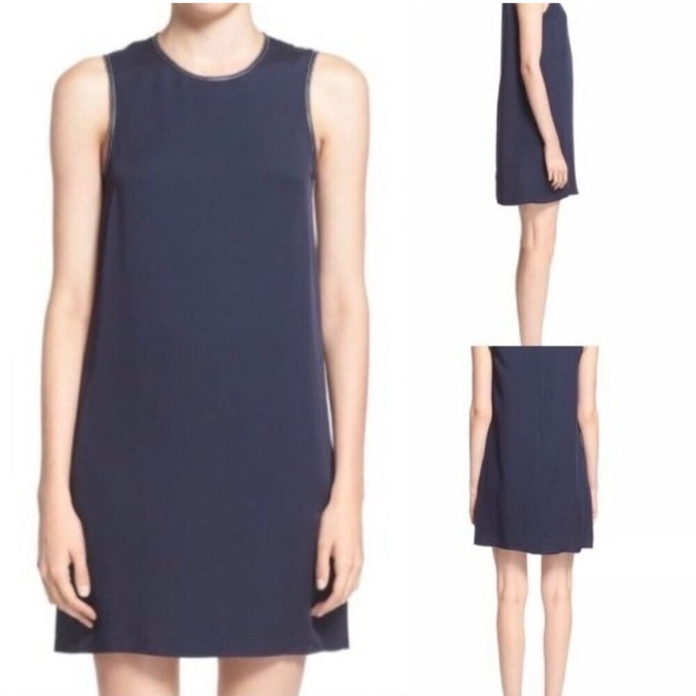 Theory Silk and Leather Shift Dress in Navy